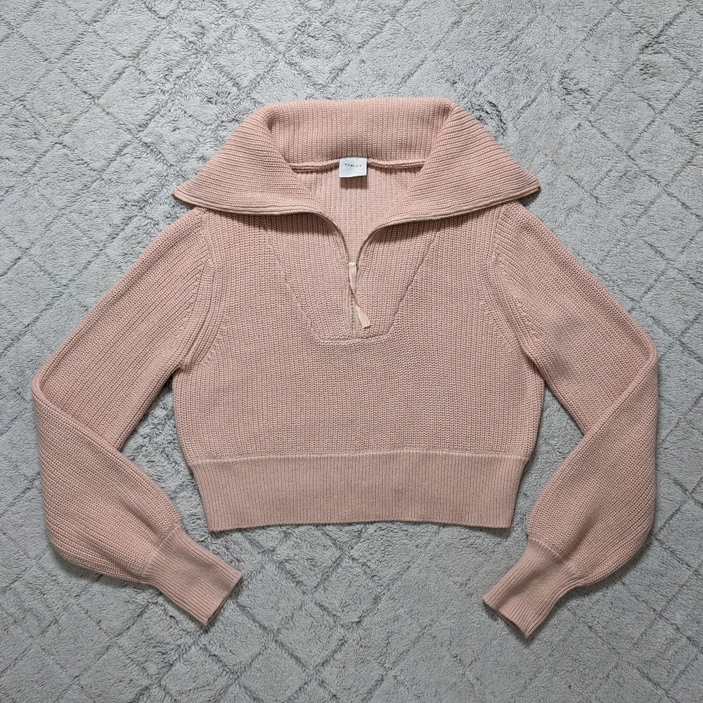 Varley Mentone Knit Pullover Women's Small Light Pink Half Zip Cotton Boxy Crop